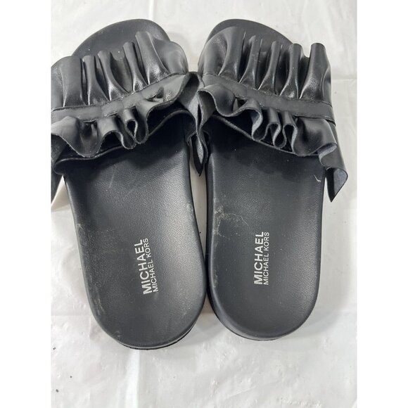 MIchael Kors Bella Leather Ruffle Slide Sandal Size 6 Black - Picture 5 of 12